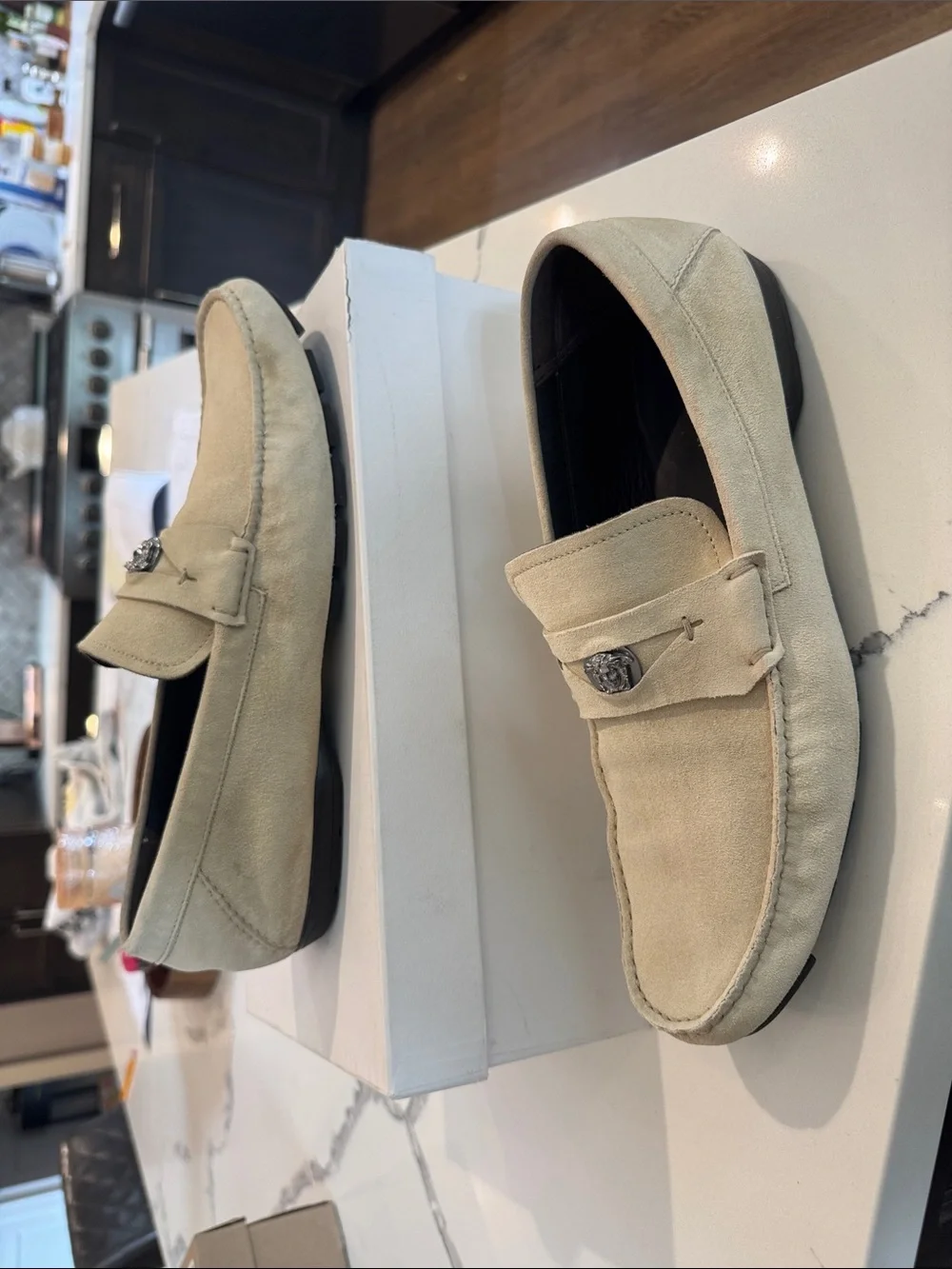 Men's Versace Beige Suede Slip-On Loafers with Decorative Metal Accent